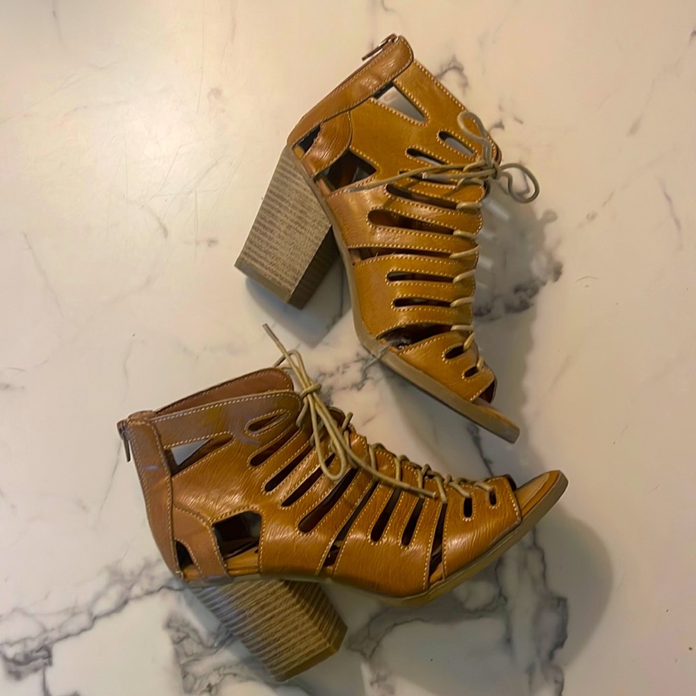 Caramel vegan leather gladiator heels